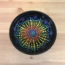Load image into Gallery viewer, Black bowl with rainbow dots in a circular mandala pattern
